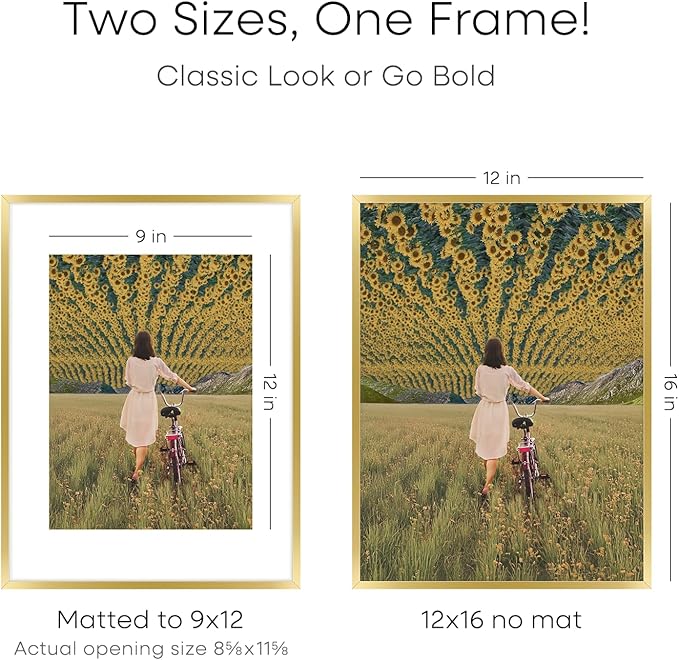 Homeforia 12x16 Picture Frame Gold, High End Metal 12x16 Poster Frames with Mat 9x12 for Photo, 12 x 16 Gold Frame Matted to 9 by 12 Print, 16x12 Thin Hanging Frame, Tempered Glass, Wall Kit, Set of 2