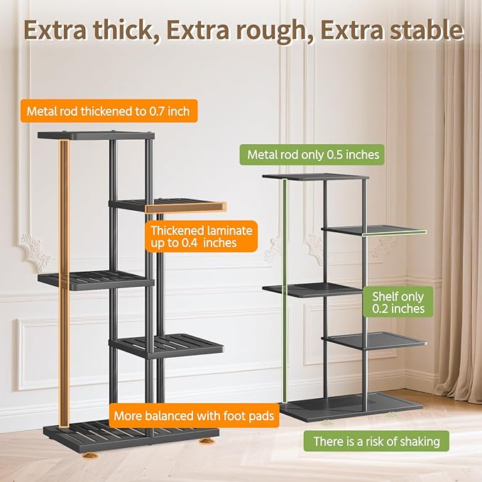 LASZOLA 4 Tier Plant Stand Indoors Outdoors for Large Heavy Duty Planter, Black Metal Tall Flower Holder Rack with Multiple Shelf for Modern Patio Corner, Vertical Organizer, Weather Resistant Bracket