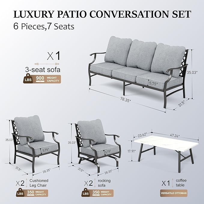 HERA'S HOUSE 6 Piece Patio Furniture Set, 2 x Rocking Chair, 2 x Fixed Chair, 1 x 3-Seat Sofa with Marbling Coffee Table, All Cushioned 7 Seats Outdoor Conversation Set for Lawn Garden Backyard, Grey