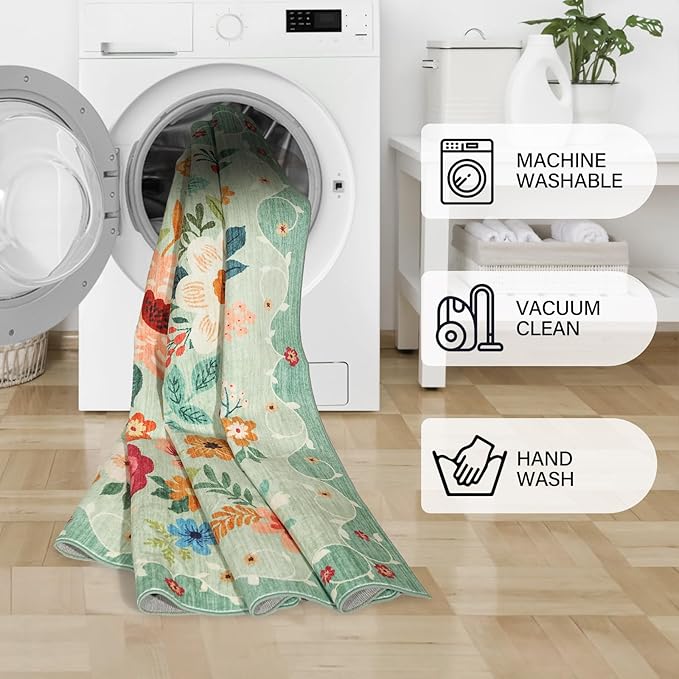 DUKINO 3x10 Runner Rug for Hallway, Washable Kitchen Floral Runner Rug with Non Slip Backing, Low Pile Soft Boho Carpet for Kitchen, Hallway, Entryway, Laundry, Bedroom, Green