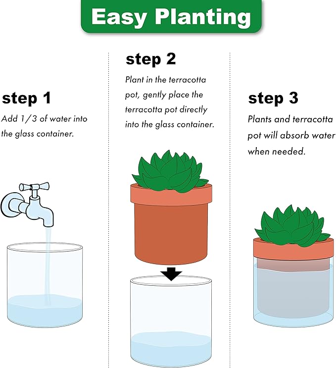 Phoenix Vine 4 Inch Self Watering Planter Pot, Terracotta Clay Pot with Glass Reservoir for Indoor Plants, Herbs, Flowers, Set of 1, 52-A-E-1