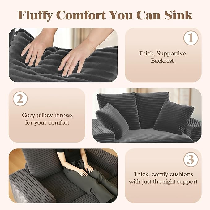 Indoor Chaise Lounge Chair With Storage Ottoman, Modern 60-Inch Lounge Sofa Chair With Wide Armrests & 4 Pillows, Oversized Comfy Reading Lounger For Living Room, Bedroom（Wide-Rib Corduroy Grey)