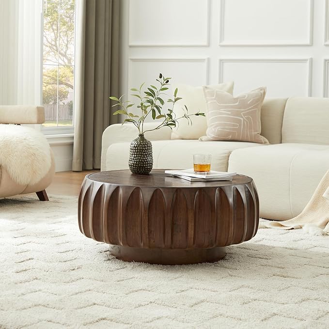 31.5" Round Coffee Table Drum Table Contemporary Wood Fluted Centry Table with Solid Wood Veneer for Living Room (Walnut)