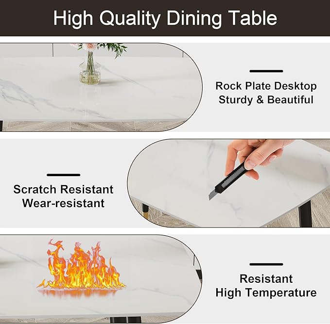 50" White Modern Marble Dining Table Set for 4, Sintered Stone Tabletop with 4 Upholstered PU Leather Chair Compact Dinette Table Set for Small Space Apartment(1White Table+4Gray Brown Chairs)