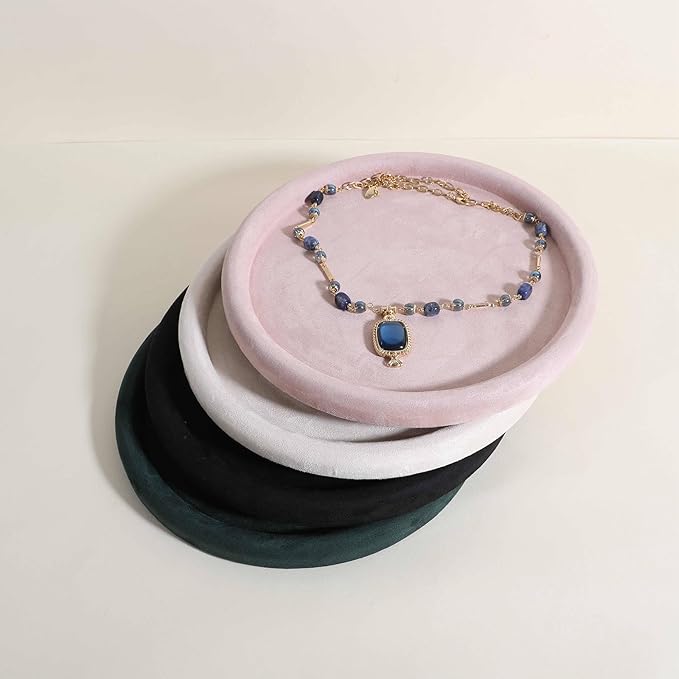 GemeShou Round Jewelry Organizer plate, Top Microfiber velvet Jewerly display tray, Empty Jewelry showcase tray for Necklace Bracelet Ring Earring display stand holder (Pink-Large, 9.8 x 9.8 in)