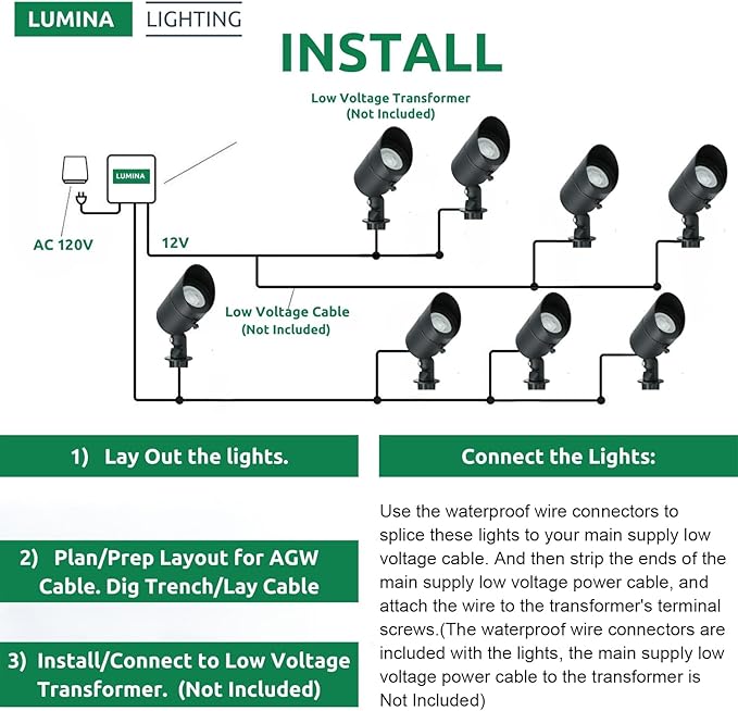 Lumina Lighting® 4W Landscape Lighting 12V Landscape Lights Low Voltage Landscape Spotlights Warm White Waterproof Outdoor Replaceable LED Bulb for Garden, Lawn, Porch, Patio and Yard (Black, 6-Pack)