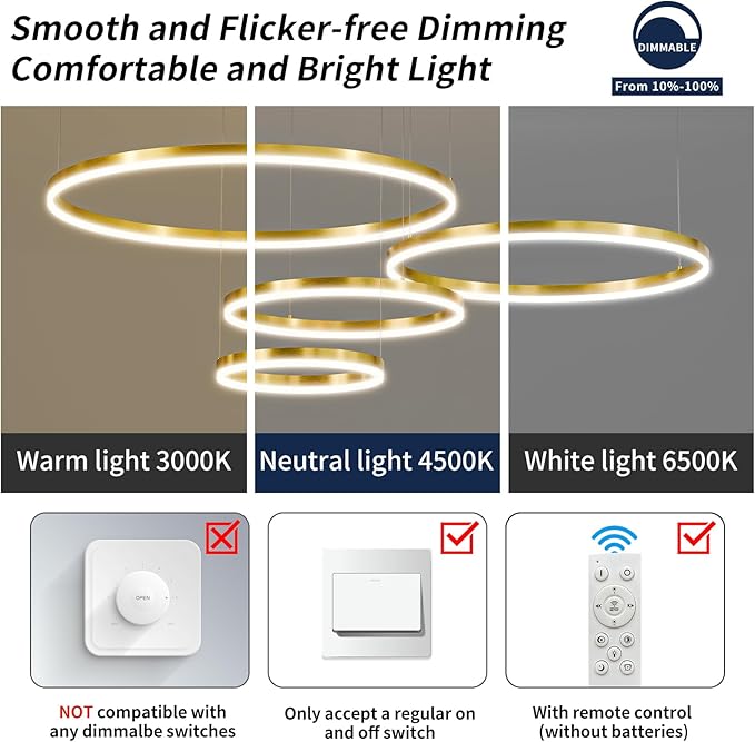 4 Rings Gold Modern LED Chandelier, Circular Dimmable Pendant Light with Remote Control, Adjustable Hanging Ceiling Lighting Over Table for Living Room, Dining Room, Foyer, Kitchen Island