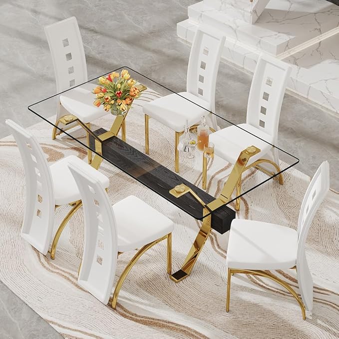 71'' Modern Dining Table Set for 6,7 Piece Glass Dining Table Set with Open‑Frame X‑Shaped Golden Metal Base,Gold Kitchen Table and Chairs Ideal for Dining Room&Home Office