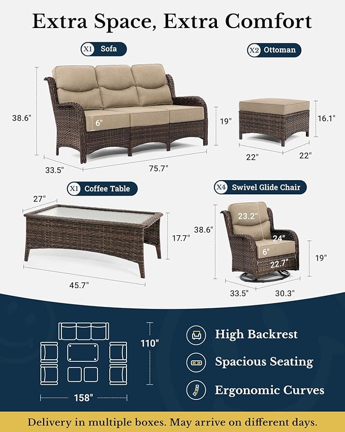 HILLGA Luxury High Back Patio Furniture Set with 6-Inch Thick Cushion, 8-Piece Outdoor Conversation Set with Sofa, Swivel Rocker Chairs & Ottomans, Ideal for Porch Pool Deck Yard (Beige)