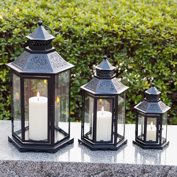 TRIROCKS Set of 3 Decorative Candle Lanterns18''&13"&10" H Hexagonal Candle Holder Vintage Metal Hanging Lantern with Tempered Glass for Garden Patio Wedding Event Indoors Outdoors(Black)