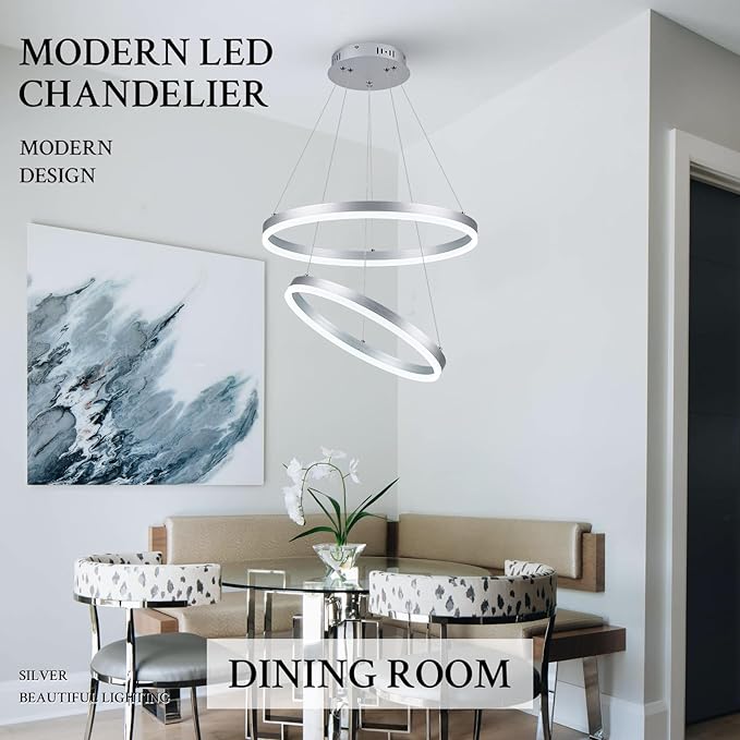 Modern LED Chandelier Silver 2-Rings Pendant Light Circular Flush Mount Ceiling Chandelier Lighting with Remote Control for Bedroom Living Room Dining Room Entrance, 3000K-6500K