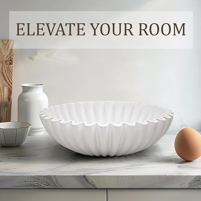 Ruffle Decorative Bowl, Large Fruit Bowl for Kitchen Counter, Stylish Key Bowl for Entry Table, Handcrafted Home Decor Display bowl, White