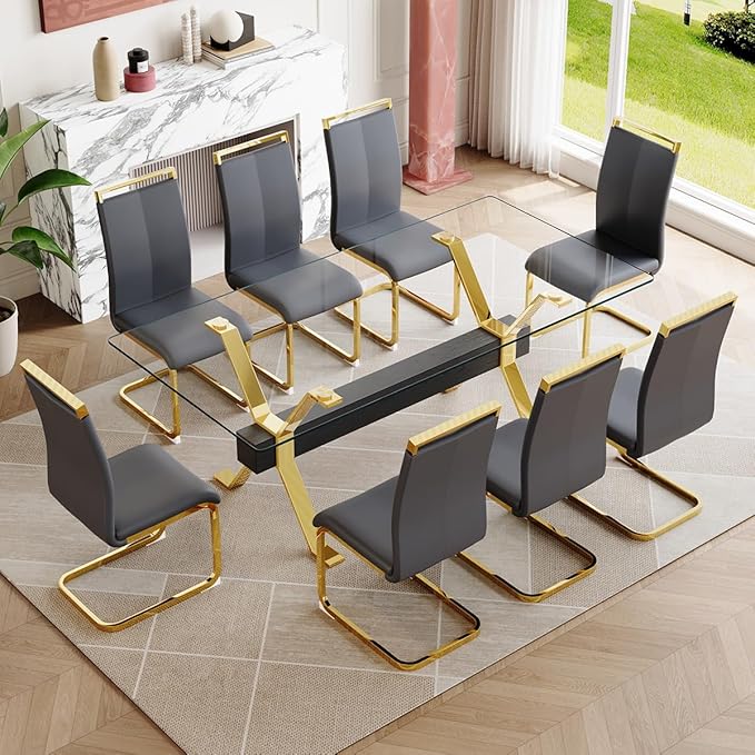 9 Piece Glass Dining Table Set, Kitchen Table Chairs Set for 8, 71'' Dining Table with 0.4" Tempered Glass Tabletop with Plated Metal Legs and MDF Crossbar, 8 PU Chairs for Dining Room, Kitchen.