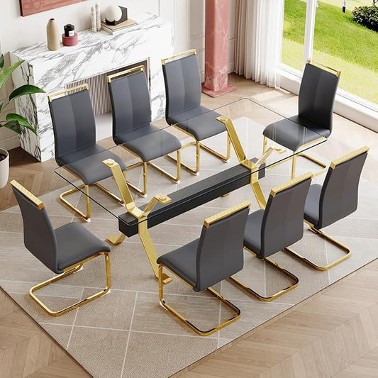 9 Piece Glass Dining Table Set, Kitchen Table Chairs Set for 8, 71'' Dining Table with 0.4" Tempered Glass Tabletop with Plated Metal Legs and MDF Crossbar, 8 PU Chairs for Dining Room, Kitchen.