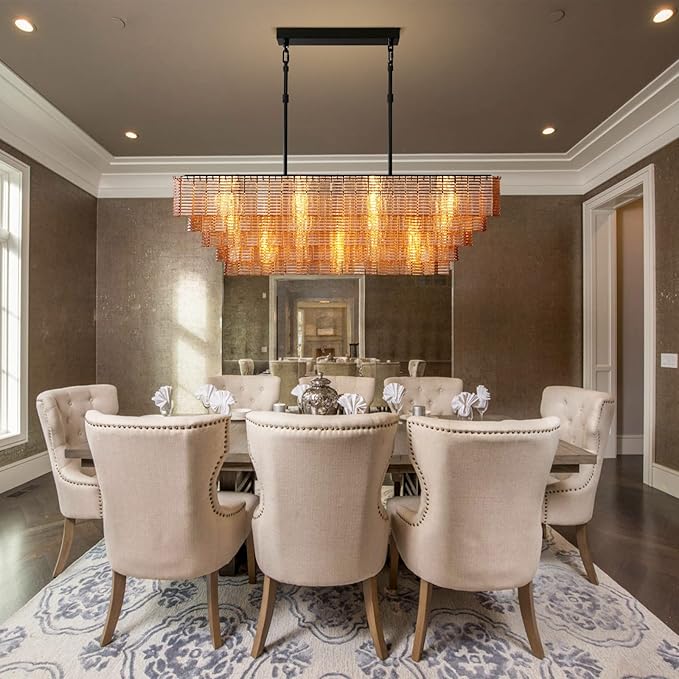 Rectangular Large Chandelier for Dining Room, 59" Black Pendant Light Fixture Over Kitchen Island, Linear Chandelier with Adjustable Height, Amber Glass Chandeliers for Dining Table & Living Room