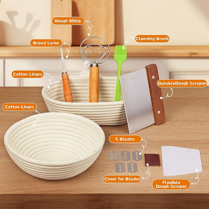 Banneton Bread Proofing Basket - Banneton Basket Set Sourdough Proofing Basket Round Proofing Bowls Handmade Rattan Baskets and Liners (Oval & Round Gift Set)