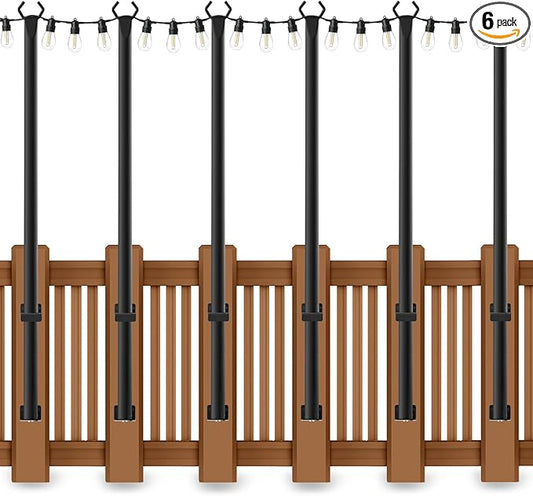 5 Ft String Light Poles 6 Pack, String Light Poles for Outside with Fixing Clips,Hanging Light Poles for Deck Fence Garden Backyard Wall Bistro,Metal Poles for Outdoor String Lights