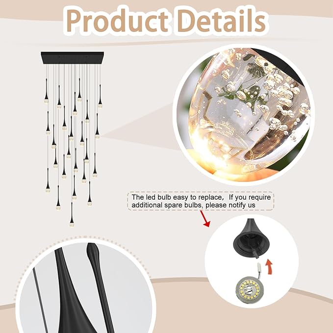 24-Lights Rectangular Chandelier Crystal Raindrop Chandeliers Flush Mount Ceiling Light for Dining Room Living Room High Ceiling Chandelier for Staircase Foyer Entryway Black Chandeliers