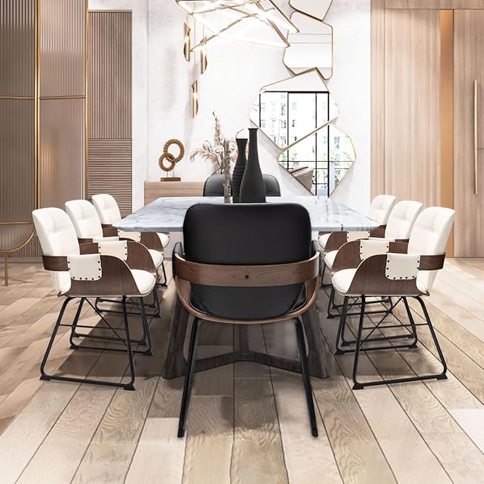 Set of 2 Mid Century Modern Dining Chairs - Mcm Dining Chairs with Upholstered Seat, Cushion Arm, High Back, Metal Legs, Faux Leather, Ideal for Kitchen/Living Room/Dining Room (Modern Beige)