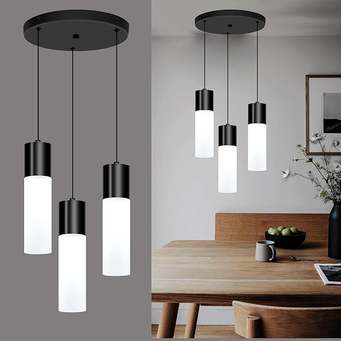 Cluster Pendant Lighting Fixture Black 3-Light Modern Hanging Dining Table Light with Milky White Lampshade LED Pendant Lights for Kitchen Island Dining Room Adjustable Height, 3000K-6000K