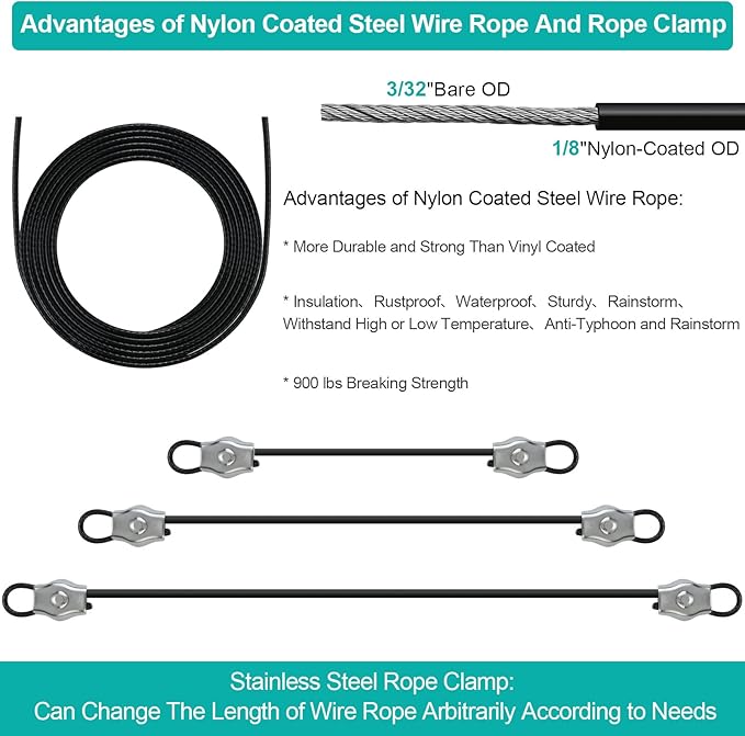 Shade Sails Installation Kits,Sun Shade Sail Hardware Kit with 4pcs 10ft Length Extension Nylon Wire Rope,Shades Awning Kit for Triangle Rectangle Shade Canopy,304 Stainless Steel, Patio Outdoor