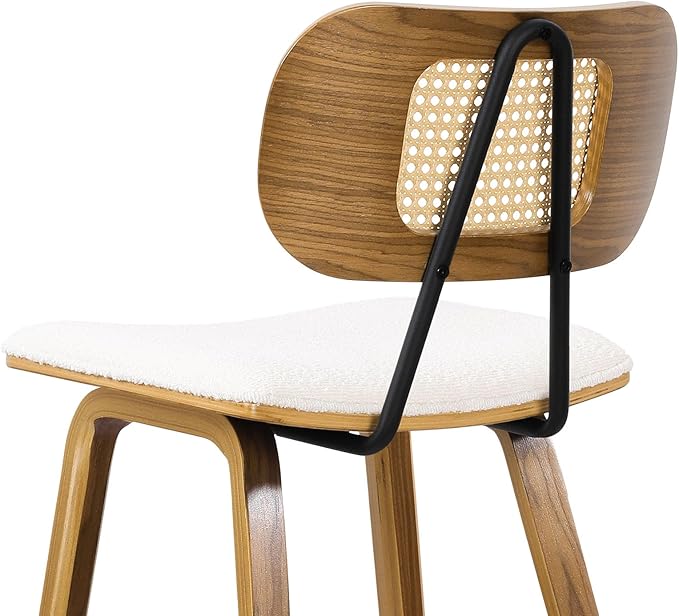 Counter Height Bar Stools, Mid Century Modern Counter Stools, 26" Wood Kitchen Stool Boucle Fabric Upholstered Barstool with Rattan Back, Counter Height Island Dining Bar Chair, White