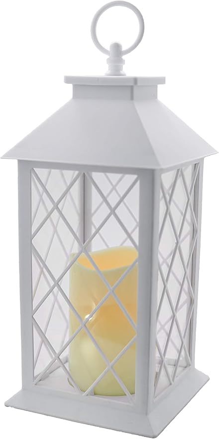 YAKii 13" Decorative Candle Lantern with LED Flameless Candle and Timer,Plastic LED Candle & Holder, Indoor & Outdoor Hanging Lights Lanterns for Wedding Decorations Lantern Decorative(White)