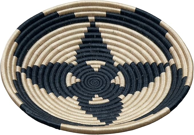 Handwoven African Basket Handmade sisal Fruit Bowl Wall Hanging decorative Baskets for Home Living Room Kitchen Centerpiece Zen Designs Arts and Crafts (Floral Tan Black, 8in diameter)