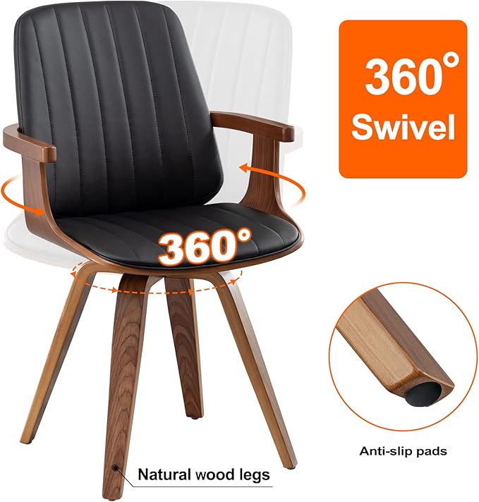 Swivel Dining Chairs, Set of 2 Kitchen Swivel Chairs with Walnut Craftsmanship, Upholstered Faux Leather, Wooden Arms and Legs, Walnut Dining Chairs for Kitchen/Living Room (Black, Swiv)