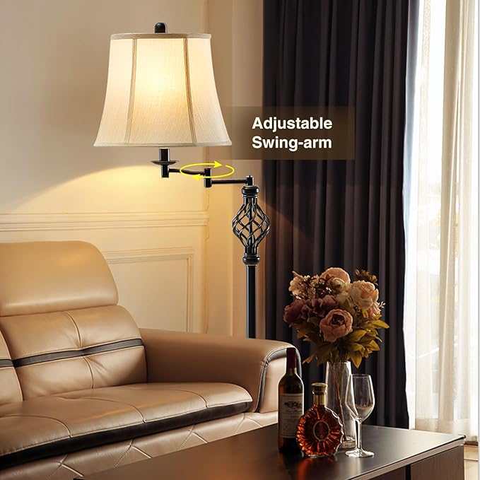 GyroVu 3 Color Temperature LED Floor lamp, Traditional 350° Adjustable Swing Arm Floor Lamp Vintage Pole lamp Farmhouse Lamp for Living Rooms & Offices, Rustic Standing Lamp for Bedroom Reading
