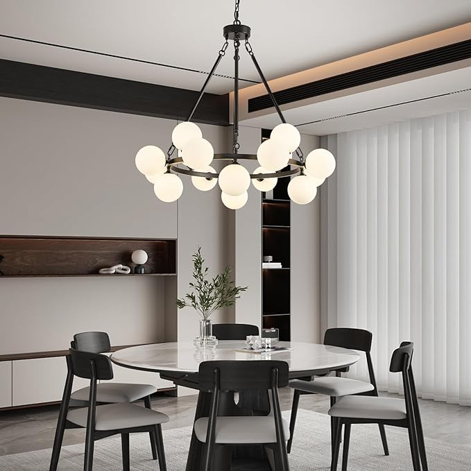 Modern Bubble Chandelier,Mid Century Milk Glass Pendant Light 31.5",Round Sputnik Chandeliers with Glass Globes,Globe Chandeliers for Dining Room,Kitchen Island,Living Room,Bedroom,16 Lights