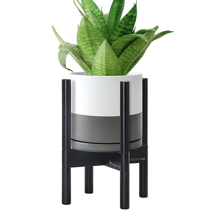 D'vine Dev Ceramic Planter with Ebony Stand - 8 Inch Modern Round Flower Pot with Wood Planter Holder, White/Grey, 55-B-M-6