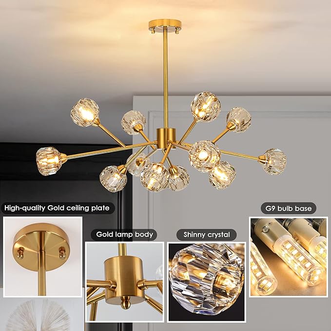 Sputnik Chandeliers Modern Crystal Pendant Lighting Gold Chandelier 12 Lights Mid Century Ceiling Light Fixtures for Dining Room Kitchen Island Living Room Bedroom Bar
