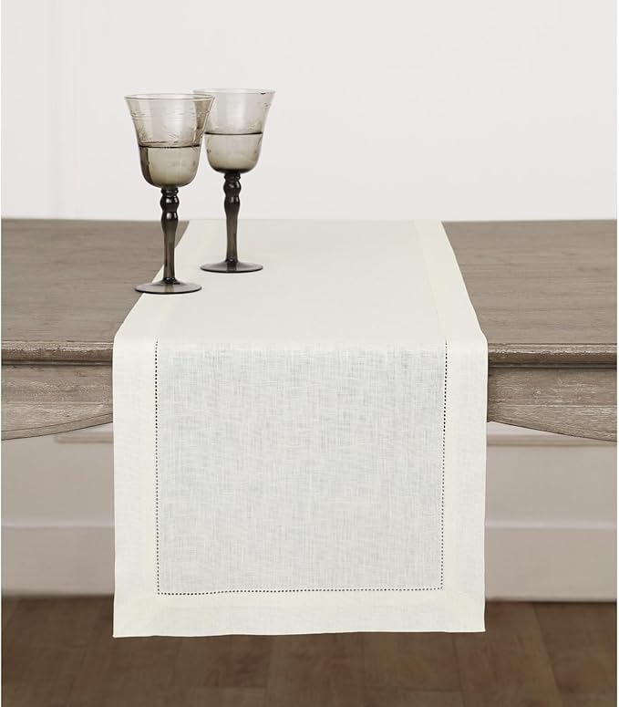 Solino Home Linen Ivory Table Runner 156 Inches Long - 100% Pure Linen Extra Long Table Runner 14 x 156 Inch for Fall, Autumn, Thanksgiving, Christmas - Classic Hemstitch