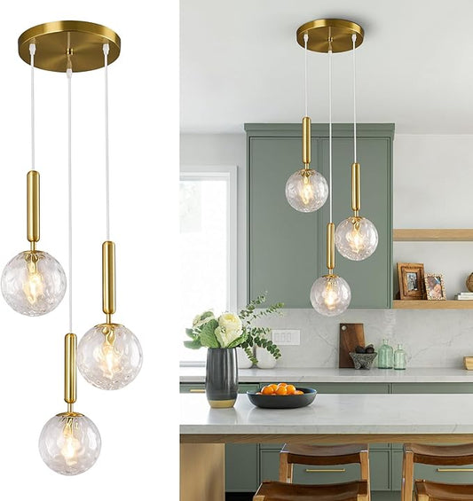 Mid Century Globe Pendant Light with Clear Glass for Kitchen Island Modern Gold Finish Hanging Light Fixture Retro Round Pendant Lighting for Living Room Bedroom Entryway(3 Lights)