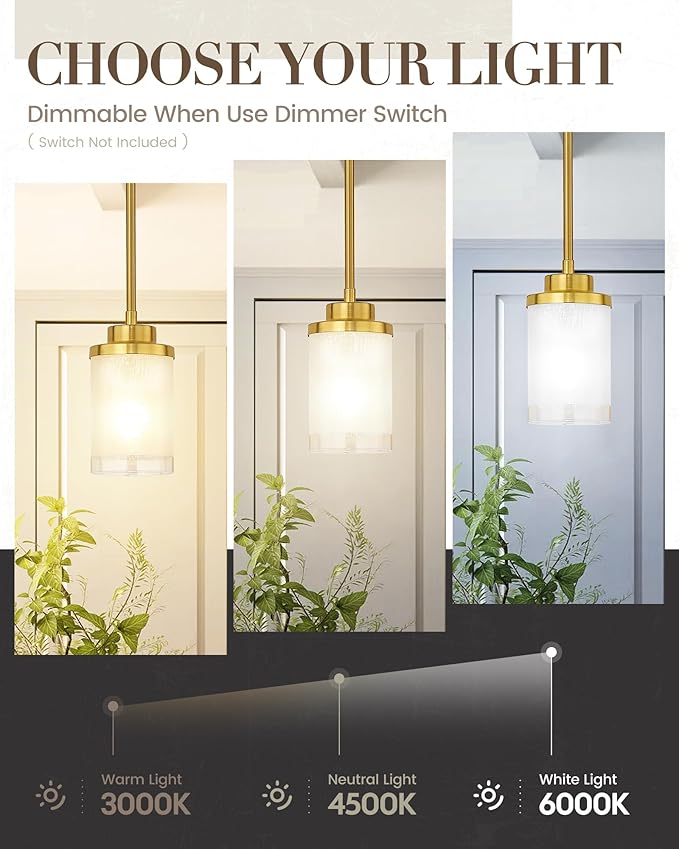 TENGXIN Modern Pendant Light for Kitchen Island, Brushed Gold Hanging Ceiling Light Fixture,Farmhouse Pendant Lighting for Dining Room Bedroom Bar Office,TXPLBG01