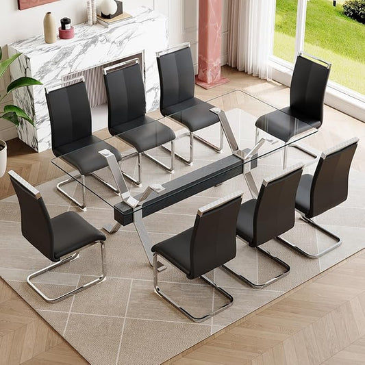 9 Piece Glass Dining Table Set, Kitchen Table Chairs Set for 8, 71'' Dining Table with 0.4" Tempered Glass Tabletop with Plated Metal Legs and MDF Crossbar, 8 PU Chairs for Dining Room, Kitchen.