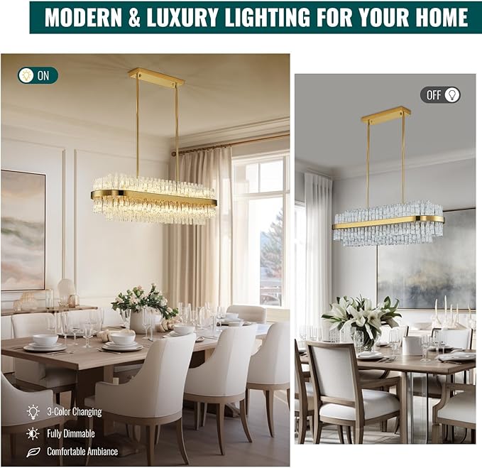 Siljoy Modern Crystal Chandelier 20 Lights Gold Rectangle 2 Tiers Raindrop Chandelier Luxury Adjustable Flush Mount Oval Pendant Ceiling Light Fixture for Dining Living Room Kitchen Island L40 Inch