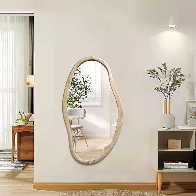 JJUUYOU Irregular Wood Mirror Asymmetrical Bathroom Wall Mounted Mirror 34"x22" Large Horizontal or Vertical Hanging Wall Mirrors for Makeup Bedroom Living Room Wood