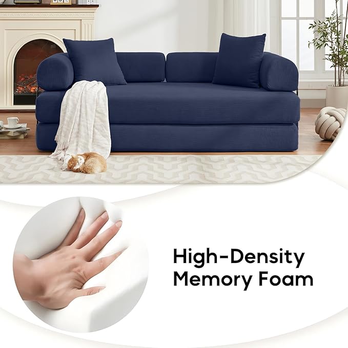 Convertible Sleeper Sofa Bed with Cylindrical Pillow, Corduroy Folding Boneless Couch with Fixed-Shape Frame, Floor Sofa Lounge Couch for Living Room Bedroom Lounge Studio-Blue
