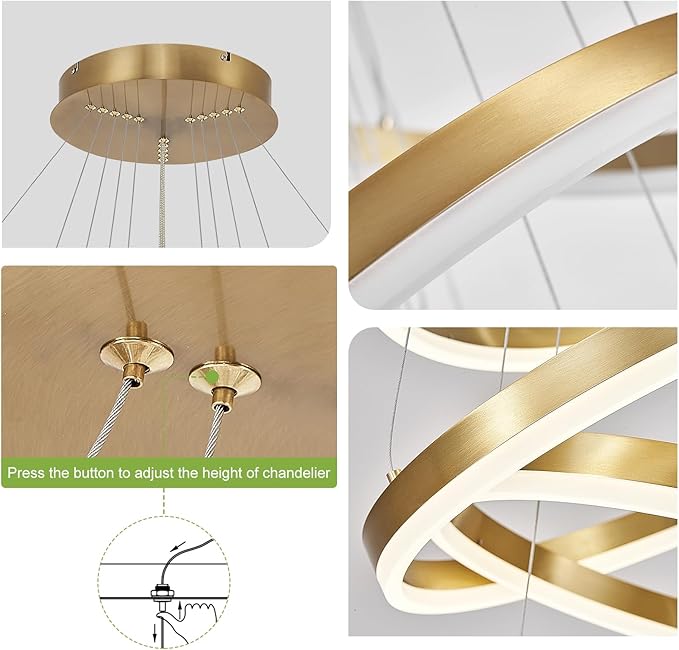 5-Rings Modern LED Chandelier Gold High Ceiling Chandelier with Remote Control Dimmable Pendant Lighting for Dining Room Foyer Living Room Entryway Staircase(3000K-6500K, D23.6’’)