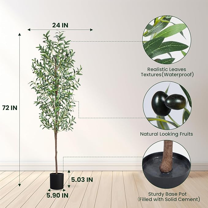 Artificial Olive Tree, 6FT Tall Faux Olive Trees 72in Outdoor Fake Potted Silk Plant with Trunk and Realistic 648 Leaves and 24 Fruits for Modern Office Home Decor Indoor 2Pack
