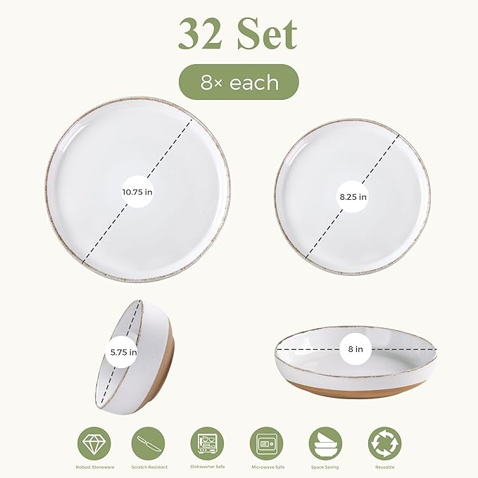 AmorArc 32 Pieces Ceramic Dinnerware Sets for 8, Handpainted Plates and Bowls Set with Rustic Terracotta Underside, Scratch Resistant Stoneware Dishes Set, Dishwasher & Microwave Safe,White