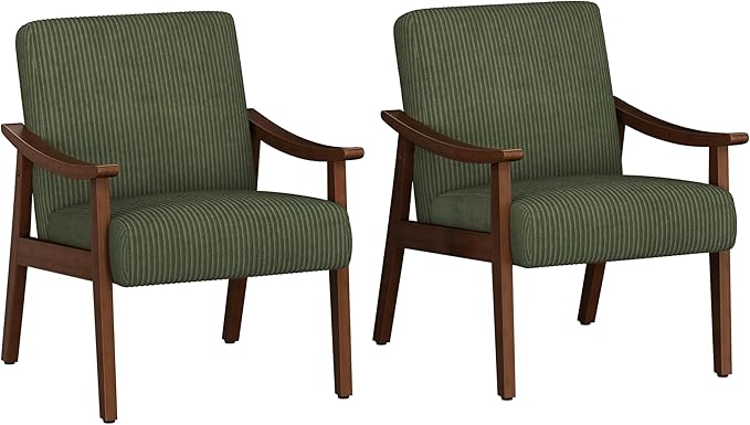 Yaheetech Corduroy Accent Chair, Mid-Century Modern Armchair with Solid Wood Legs, Reading Leisure Chair with High Back for Living Room Bedroom Waiting Room, Set of 2, Dark Green