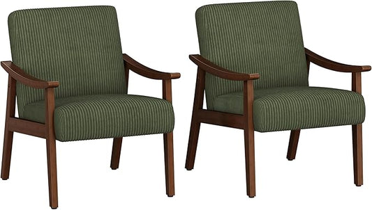 Yaheetech Corduroy Accent Chair, Mid-Century Modern Armchair with Solid Wood Legs, Reading Leisure Chair with High Back for Living Room Bedroom Waiting Room, Set of 2, Dark Green