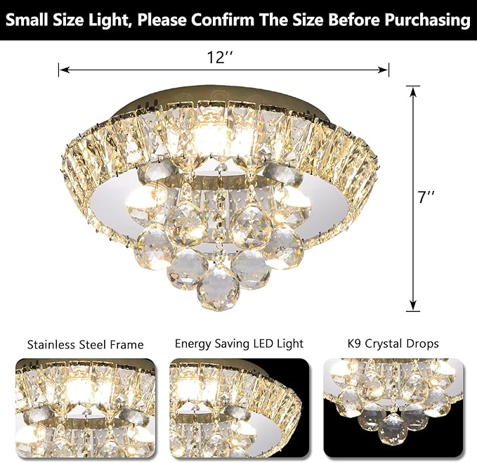 Modern Glam Crystal Chandelier Bedroom Ceiling Lights Chandelier with Dimmable Bulbs Ceiling Lighting Fixture 12 Inches Silver Light