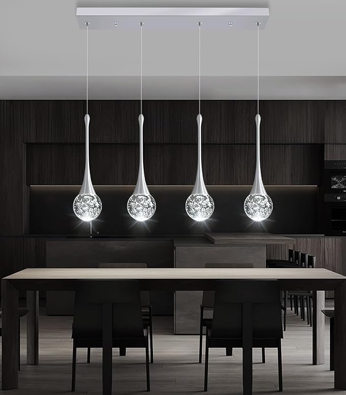4-Lights Modern Pendant Lights for Kitchen Island LED Dimmable Crystal Glam Ceiling Pendant Lighting Chandelier for Dining Room Hallway Bedroom Silver