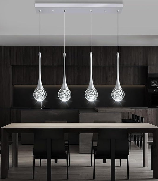 4-Lights Modern Pendant Lights for Kitchen Island LED Dimmable Crystal Glam Ceiling Pendant Lighting Chandelier for Dining Room Hallway Bedroom Silver