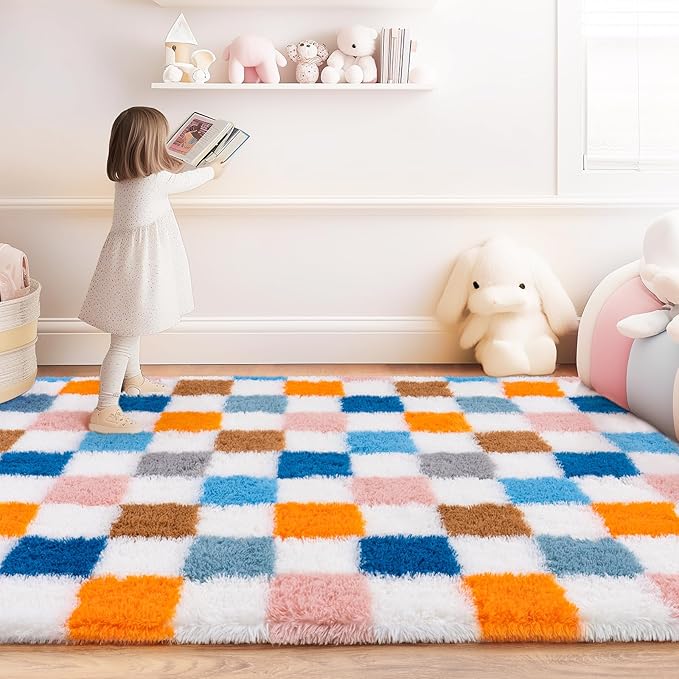 Checkered Rug for Living Room 8x10, Ultra Fluffy Fuzzy Shag Large Area Rug for Bedroom, Modern Plush Soft Upgrade Non-Slip Carpet for Kids Girls and Boys Room Dorm Home Decor, Colorful