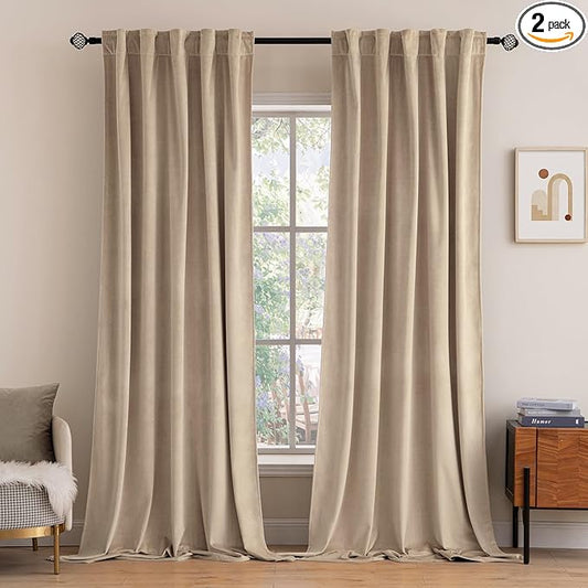 MIULEE Velvet Curtains 108 inches Long 2 Panels - Luxury Blackout Curtains for Bedroom Living Room Thermal Insulated Super Soft Window Drapes Rod Pocket & Back Tab, Camel Beige